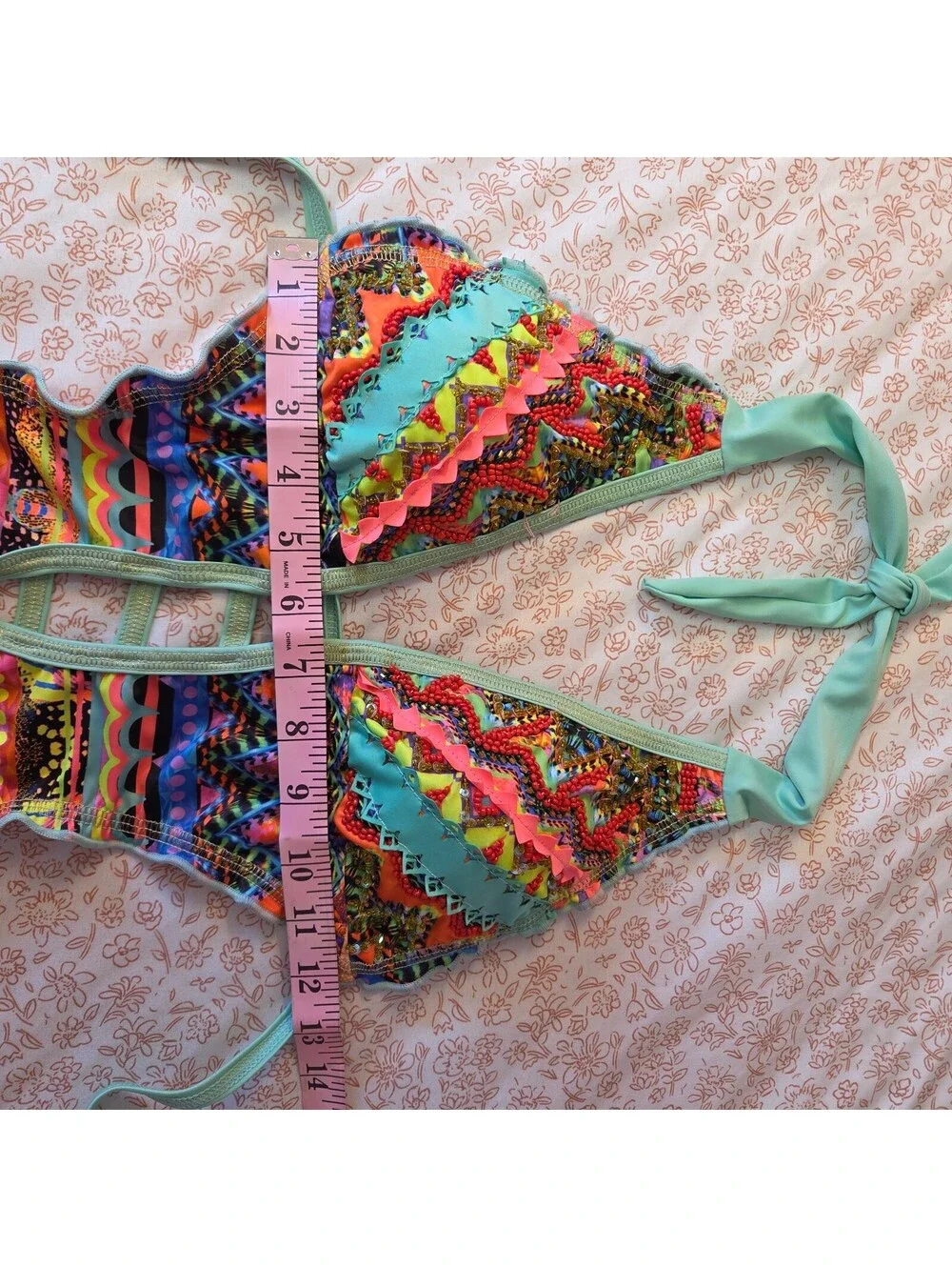 Vintage Y2K Beaded Geometric Print Swimsuit Boho Tropical Halter Deep Plunge